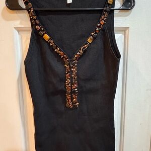 Cache Black Tank Top with Stone Embellishments
